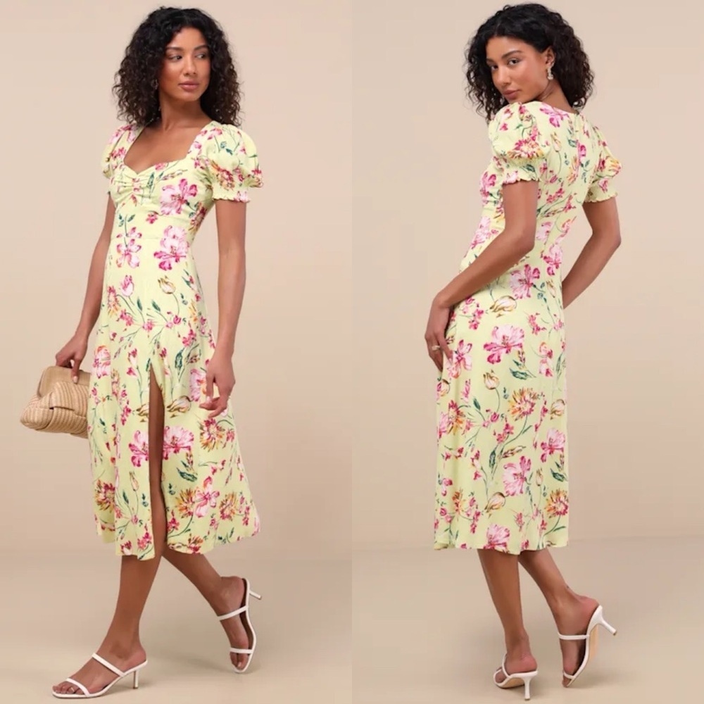 Lulus Parisian Picnic Green Floral Jacquard Puff Sleeve Midi Dress Front Slit L